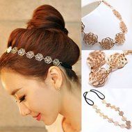 Womens Fashion Metal Chain Jewelry Hollow Rose Flower Elastic Hair Band Headband N3