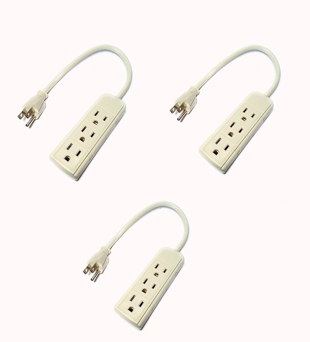 JFullerton Bundle 3 Sets Of 120 Volt 1 ft Grounded Power Cord w/ 3 Outlet Power Strip