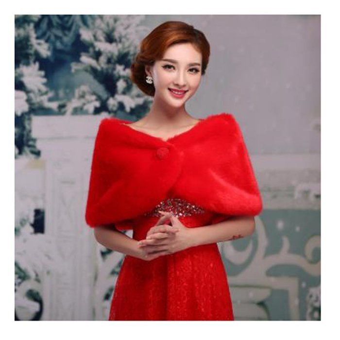 KAKA(TM) Gorgeous Winter Bridal Wedding Dress Wrap Artificial Plush Shawl-Red N3