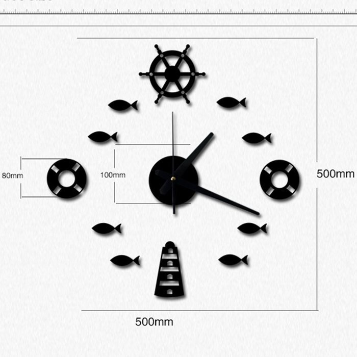 MuLuo Mediterranean DIY Rudder Fish Lifebuoy Wall Clock 3D Wall Stickers Watches Home Decor silver N5
