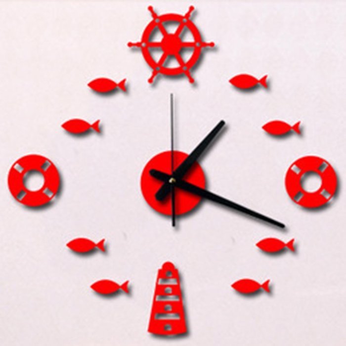 MuLuo Mediterranean DIY Rudder Fish Lifebuoy Wall Clock 3D Wall Stickers Watches Home Decor silver N7