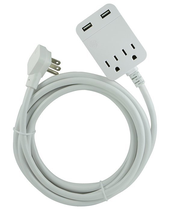 GE USB Charging Extension Cord with Surge Protection, 2 Outlet, 2 USB, 2.4A/12W, 12 ft. Cord, White, 32089 N4