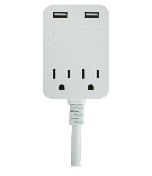 GE USB Charging Extension Cord with Surge Protection, 2 Outlet, 2 USB, 2.4A/12W, 12 ft. Cord, White, 32089 N5