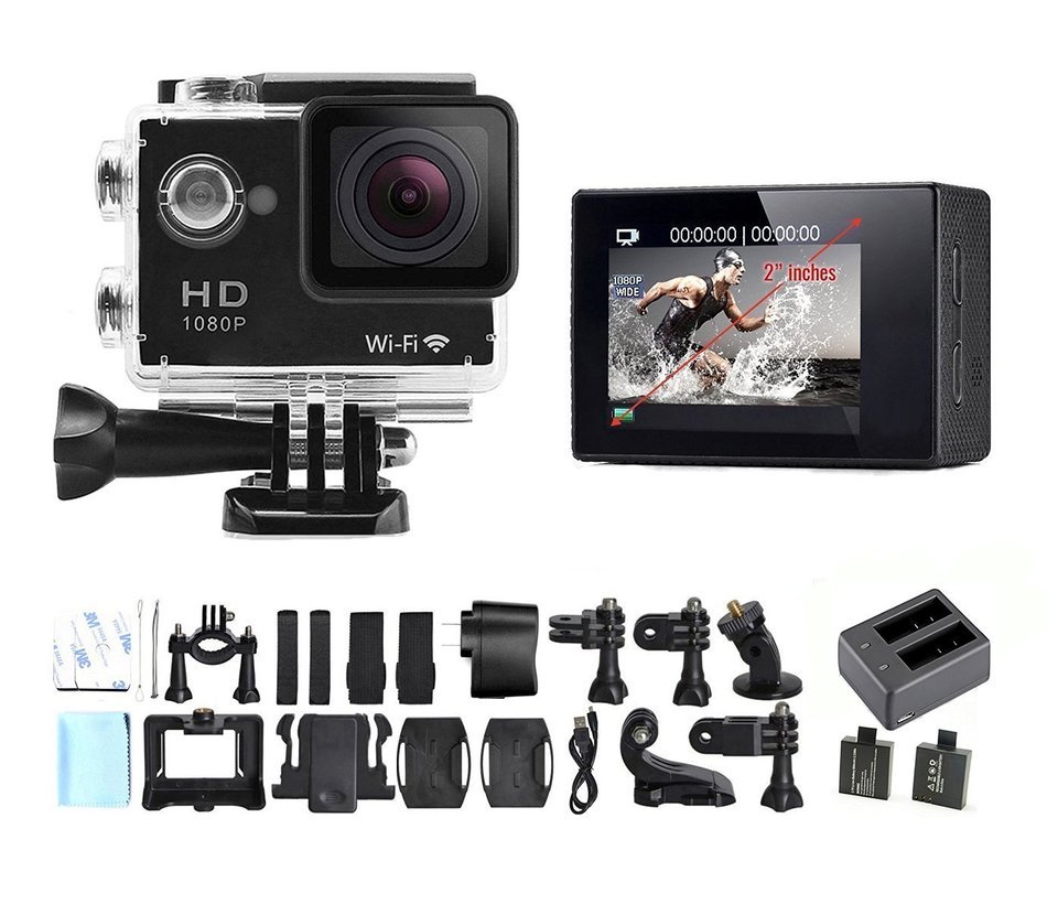 dOvOb SJ4000 Wifi 2.0 Inch Full HD 1080P 12MP Waterproof Action Camera (Black) with Battery Charger and 2 Batteries N6