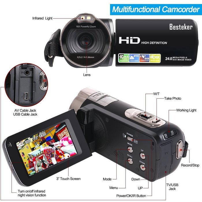 Camera Camcorders, Besteker Portable 1080P 24MP 16X Digital Zoom Video Camcorder with 2.7" LCD and 270 Degree... N12