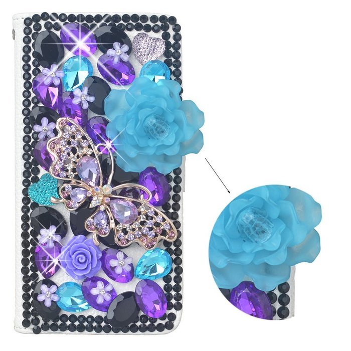 Spritech(TM) PU Leather Bling Phone Case For ZTE ZMAX Z970,Handmade Silver Crystal Rose Butterfly Accessary Design... N2