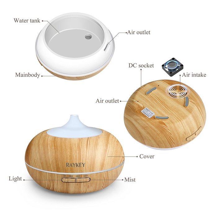Cool Mist Diffuser, Raykey 300ml Aroma Essential Oil Ultrasonic Humidifier with 7 LED Colors Changing & 4 Timer... N2