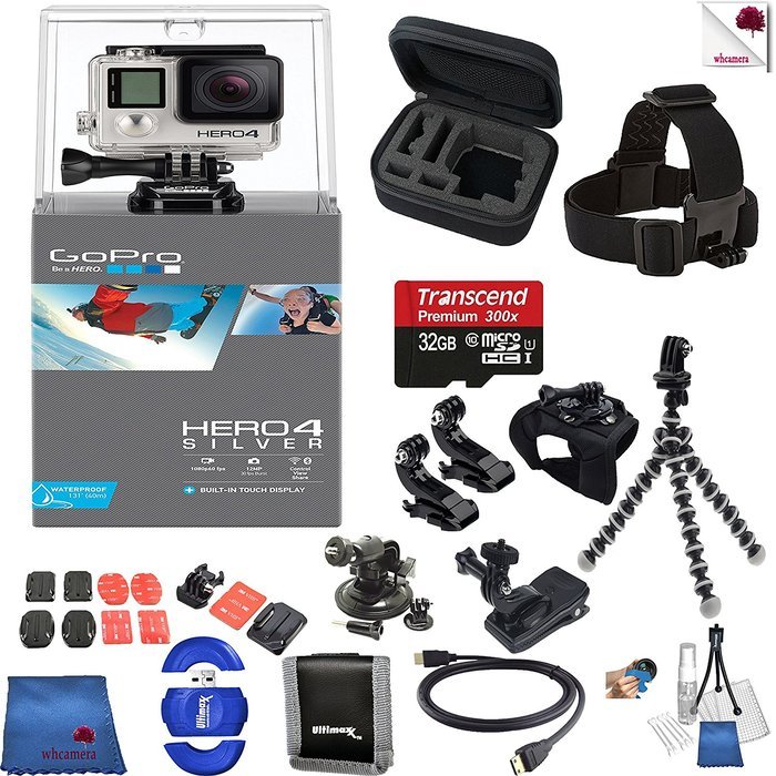 Gopro Hero 4 Silver 15 Piece Explorer Bundle Includes: Go Pro Hero4 Silver + Case + Flexible Tripod + Head Strap...