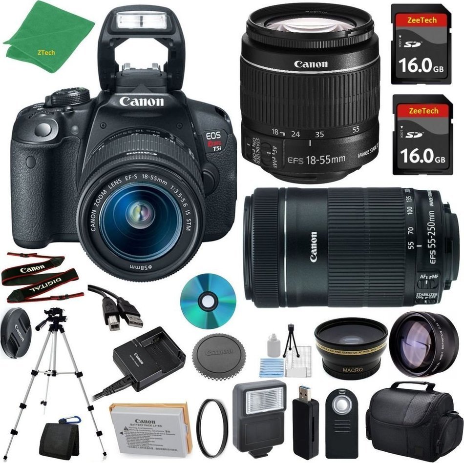 Canon T5i Camera with 18-55mm IS STM + 55-250mm STM Lens + 2pcs 16GB Memory + Case + Memory Reader + Tripod +...
