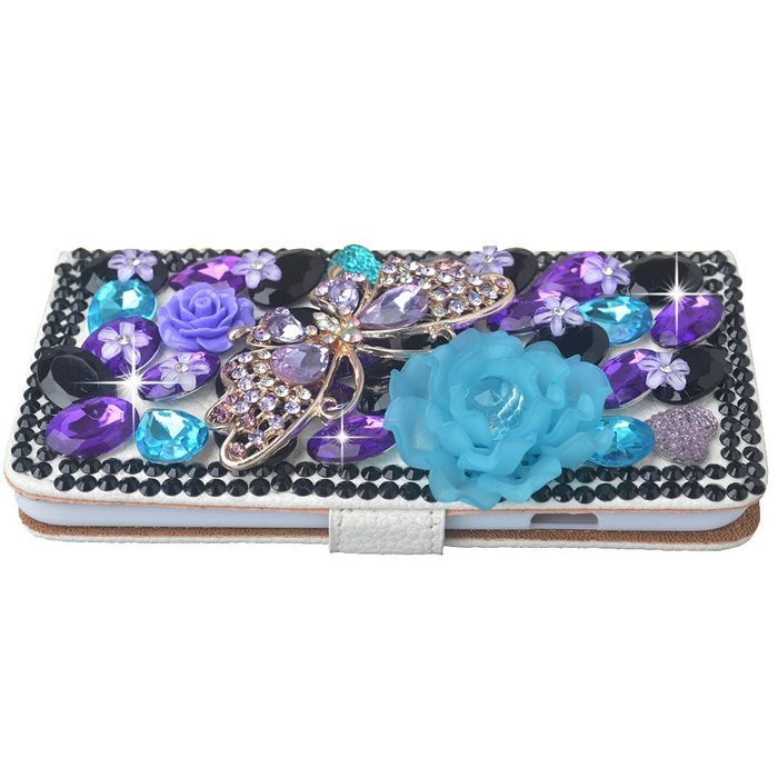 KAKA(TM) 3D Handmade Colorful Black Pulple Blue Rhinestone Crystal PU Leather Stand Folding Protective Case Big...