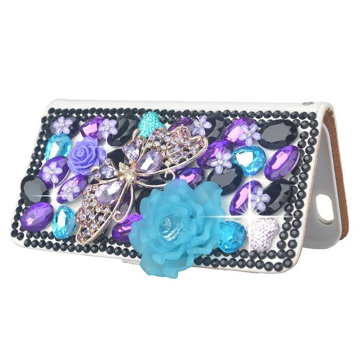 KAKA(TM) 3D Handmade Colorful Black Pulple Blue Rhinestone Crystal PU Leather Stand Folding Protective Case Big... N2