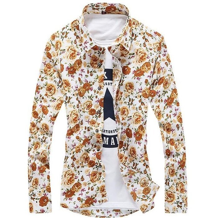 KAKA(TM) Men Spring Autumn Long Sleeve Print Flower Slim Casual Shirt L