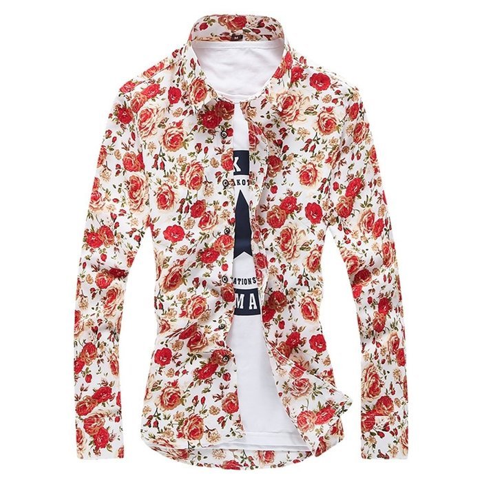 KAKA(TM) Men Spring Autumn Long Sleeve Print Flower Slim Casual Shirt L N2