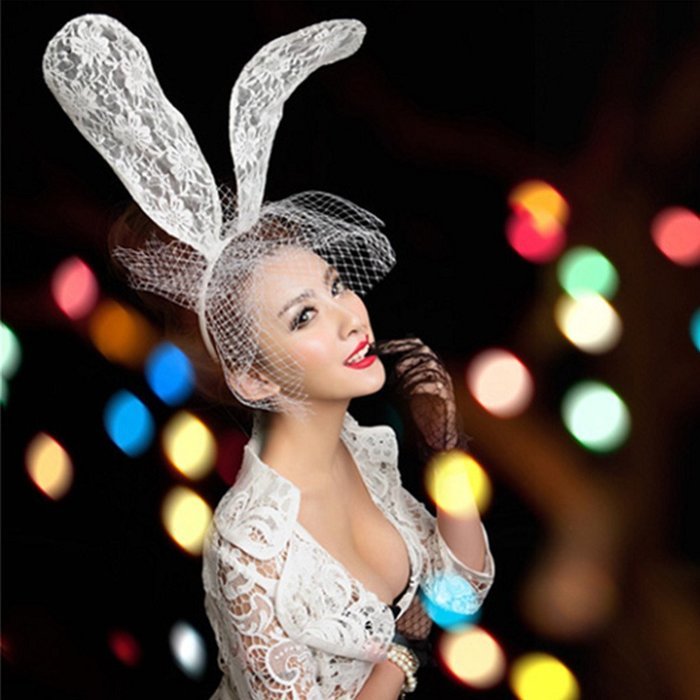 Spritech(TM) Women's Girls Fashion Lace Lone White Bunny Ears with Veil Hair Band Head Band for Catwalk Shows...