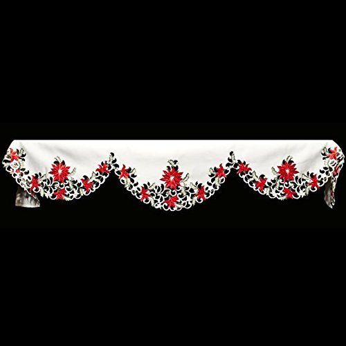 19" X 90" Wide Christmas Embroidered Red Poinsettia and Green Leaves on White Fireplace Mantle Scarf