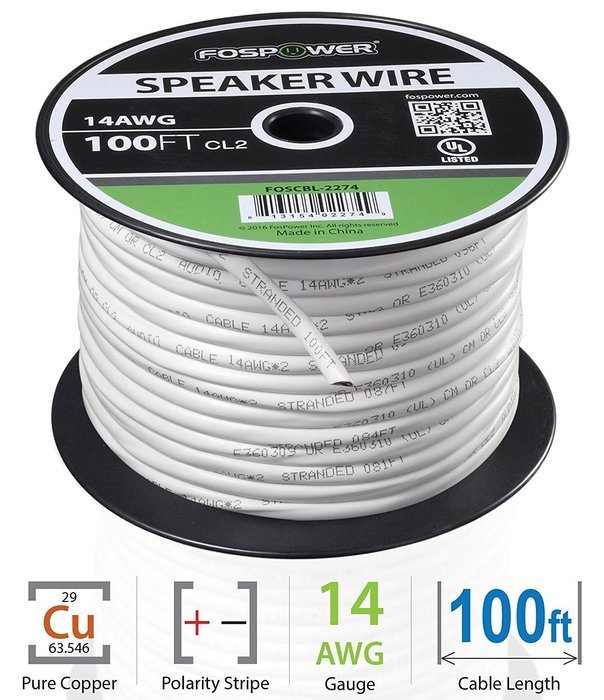 FosPower CL2 Rated 14AWG 2-Conductor In-Wall Speaker Wire (100 Feet) Oxygen-Free Pure Copper - UL Listed for In-Wall... N25