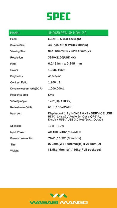WASABI MANGO UHD430 REAL 4K HDMI 2.0 43" LG AH-IPS Panel UHD 3840x2160 Displayport 1.2 43... N2