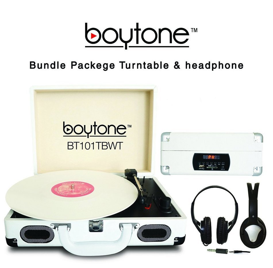 Boytone Bundle Package BT-101TBWT Turntable, AC-DC Built in Rechargeable Battery, 2 Speakers, 3 Speed, LCD Display... N2
