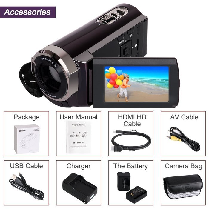 Camera Camcorders, Besteker Portable 1080P 24MP 16X Digital Zoom Video Camcorder with 2.7" LCD and 270 Degree... N19