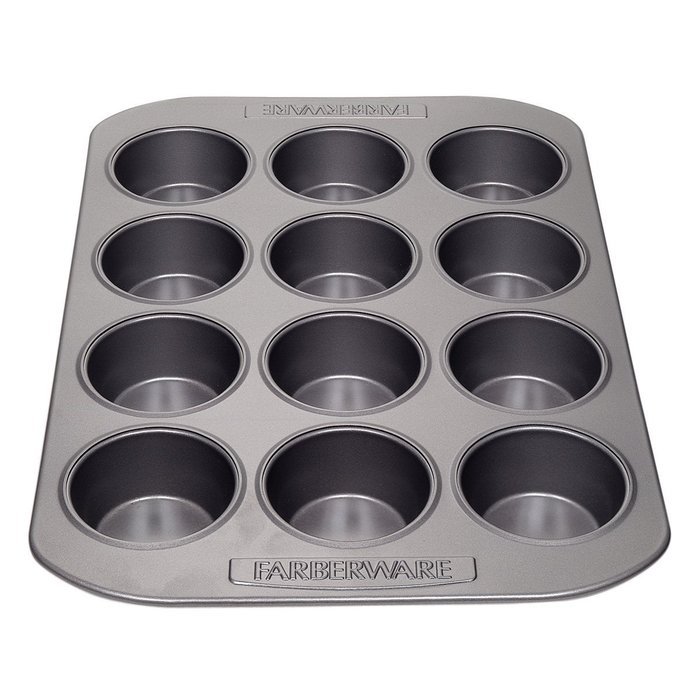 Premium Farberware Gray 12 Cup Non Stick Standard Size Baking Pan and a Jamie Soft Grip Potato Masher Combo N2