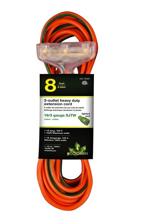 Go Green Power GG-15008 16/3 3-Outlet Heavy Duty Adjustment, 8', Orange