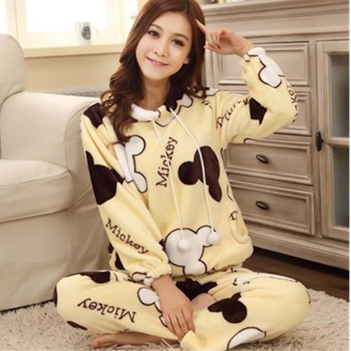 KAKA(TM) Womens Girls' Warm Cute Winter Home Soft Cartoon Flannel Pajamas Sets Yellow XL N2