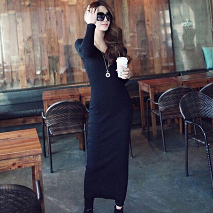 Spritech(TM) Fashion Women's V Neck Long Sleeve Slim Knitted Maxi Dress Green L