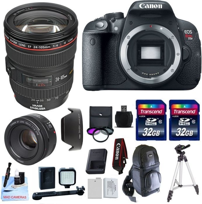 Canon EOS T5i + Canon EF 24-105mm f/4L IS USM Lens + Canon 50mm STM 32GB Transcend SD Memory Cards + LED Video...