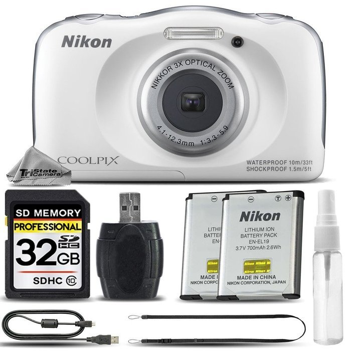 Nikon COOLPIX S33 Digital Waterproof & Freezeproof Full HD 1080p Camera (White) + 32GB Class 10 Memory Card +...