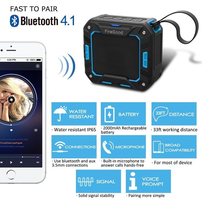 Bluetooth Speakers V 4.1 Portable Wireless Sound Box for Golf, Beach, Shower & Home: Water Resistant IPX5, 5W,... N7