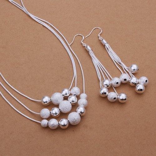 Yaheeda Ball-Shaped Silver Chain Wedding Necklace Earrings Set for Brides or Bridesmaids