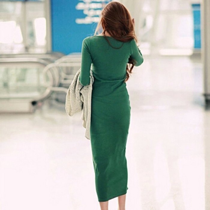 Spritech(TM) Fashion Women's V Neck Long Sleeve Slim Knitted Maxi Dress Green L N2
