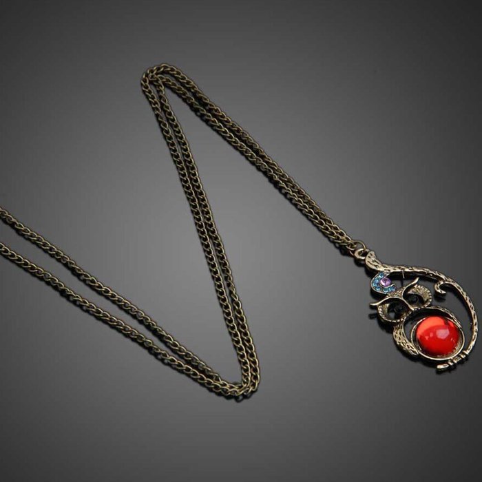 Chinatera Hot Fashion Vintage Ruby Jewelery Rhinestone Studded Owl Pattern Long Penda N4