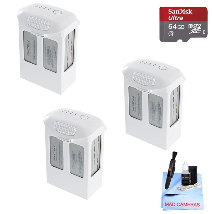 DJI Phantom 4 Battery Power Kit - Includes 3 Intellegent In Flight Batteries + 1 64GB SD Memory Card