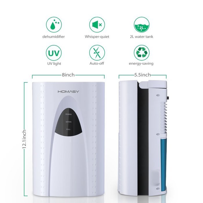 Homasy Portable Mini Thermo-Electric Peltier Compact Dehumidifier, UV Light, 2L Water Tank for Bathroom, Small... N2