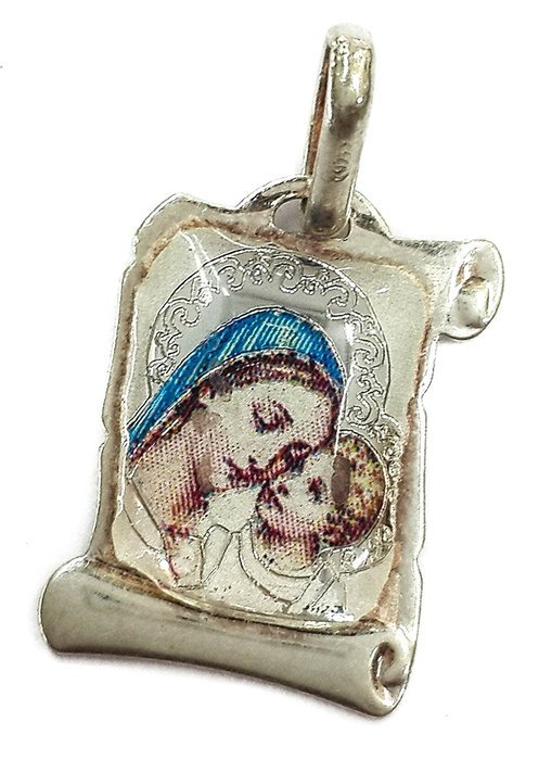 VIRGIN MARY WITH INFANT JESUS SCROLL PENDANT SILVER 925 RUSSIAN BLESS & PROTECT