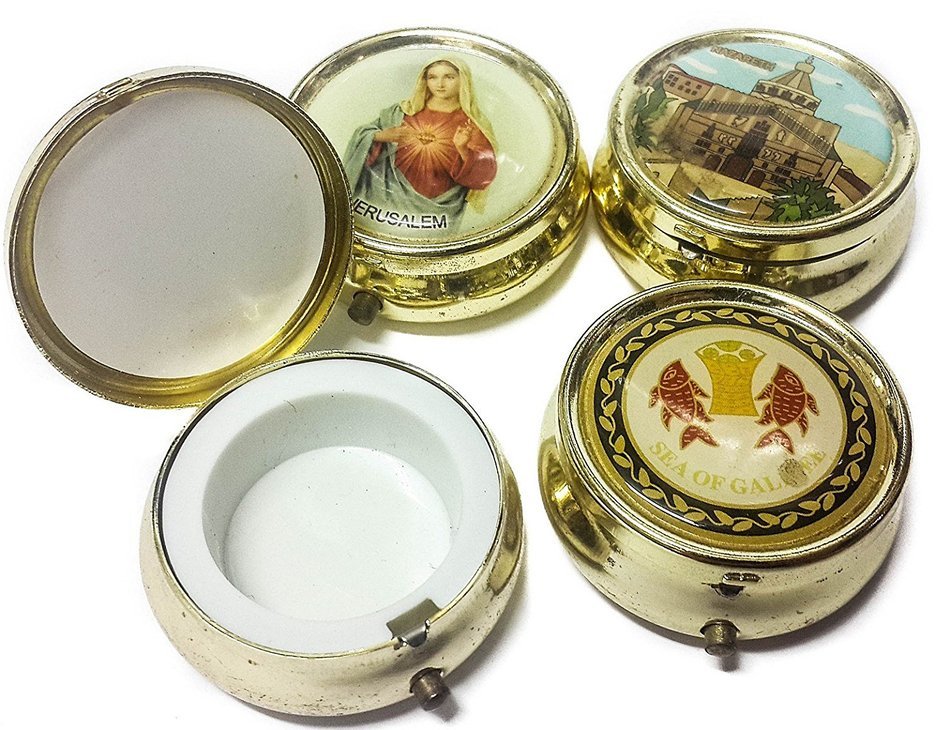 Holy land Keepsake Round Golden Metal Pill Mint Box Case Jerusalem 1.6" N3