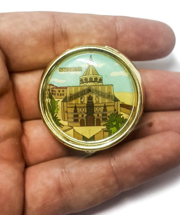 Holy land Keepsake Round Golden Metal Pill Mint Box Case Jerusalem 1.6" N4