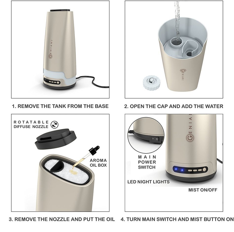 GENIANI Premium Ultrasonic Humidifier 2L with 3 Levels of Cool Mist, LED Night Light, Aroma Oil Mix, NO FILTER