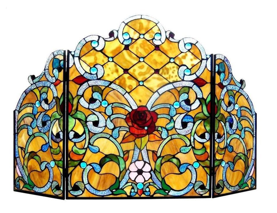 ROZE Tiffany-glass Rose 3pcs Folding Fireplace Screen 44x28