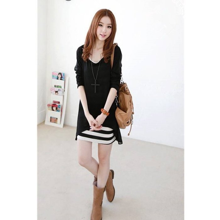 Evtech(tm) Women's Fake Two-piece Dress Long Sleeve Stripe Loose Drape Round-neck Dress Black - XL
