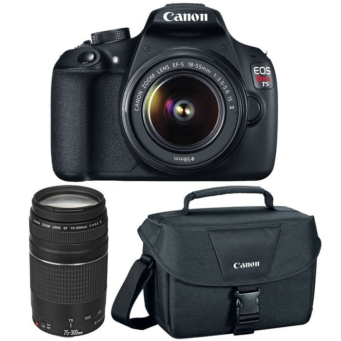 Canon EOS Rebel T5 Digital SLR Camera & 18-55mm IS II & 75-300mm III Lens & Case + 64GB Card + Flash + Battery...