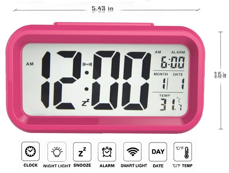 Shouldbuy Pink Snooze Digital LCD Alarm Clock Light Control Backlight Time Calendar Thermometer N4