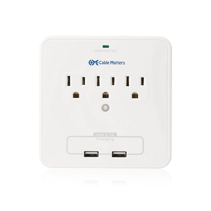 Cable Matters 6-Outlet Wall Mount Surge Protector with 2.4A Dual USB Charging N9