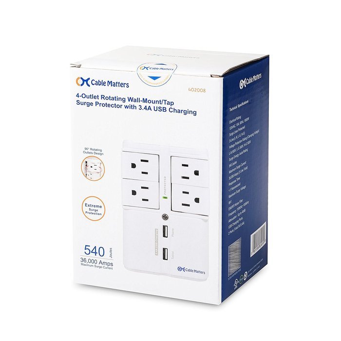 Cable Matters 6-Outlet Wall Mount Surge Protector with 2.4A Dual USB Charging N10