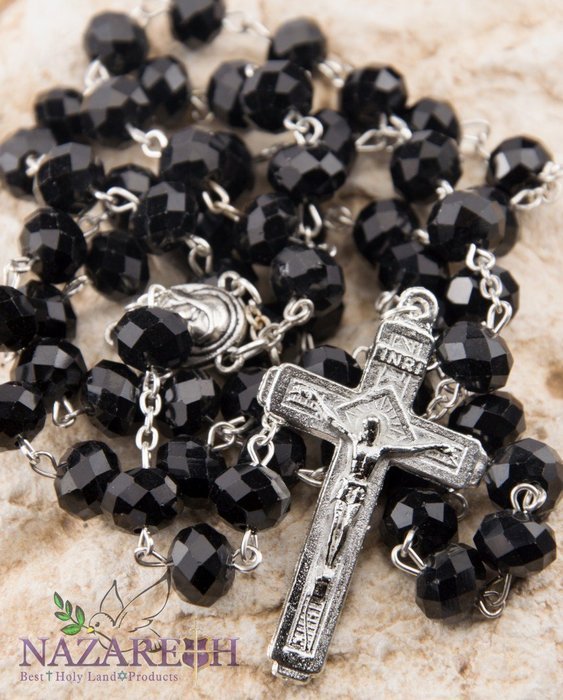 Catholic Black 10mm Crystal Beads Rosary Holy Soil Medal & Silver Crucifix