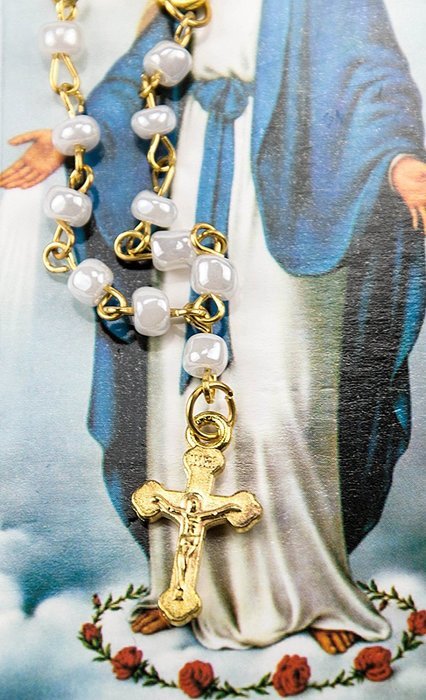 Christian Mother of pearl Beads Brooch Pin Saints Medal and Cross Jerusalem