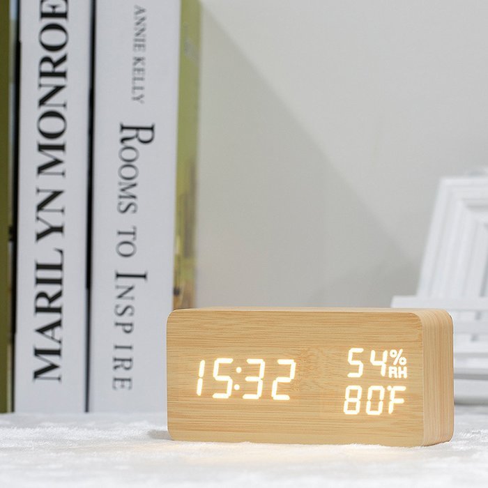 COOWOO Digital Wood Clock Sound Activated LED Alarm Clock Multi-function Display with Temperature and Humidity... N5