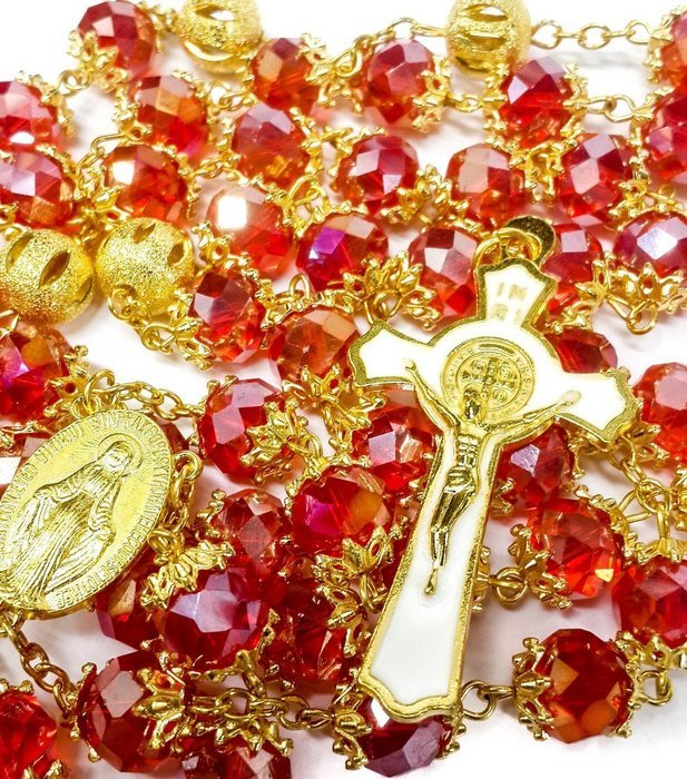 High Quality St. Benedict Gold Plated Red Crystals Beads Rosary Miraculous Medal