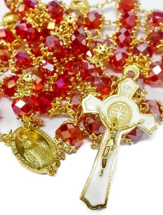 High Quality St. Benedict Gold Plated Red Crystals Beads Rosary Miraculous Medal N2